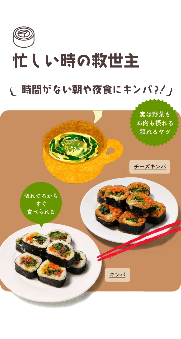 忙しい時の救世主　時間がない朝や夜食にキンパ？！　チーズキンパ・キンパ　実は野菜もお肉も摂れる頼れるヤツ　切れてるからすぐ食べられる